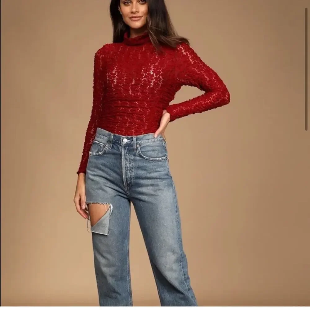 Intimately Free People Day N Night holly berry red lace bodysuit size Small NWT